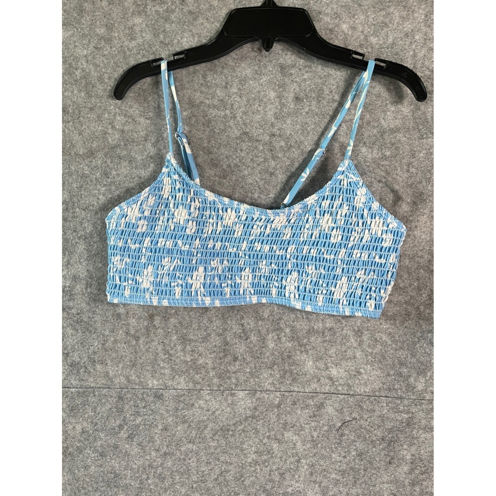 SHEIN Blue White Floral Smocked Bikini Top Large Adjustable Straps Swimwear
